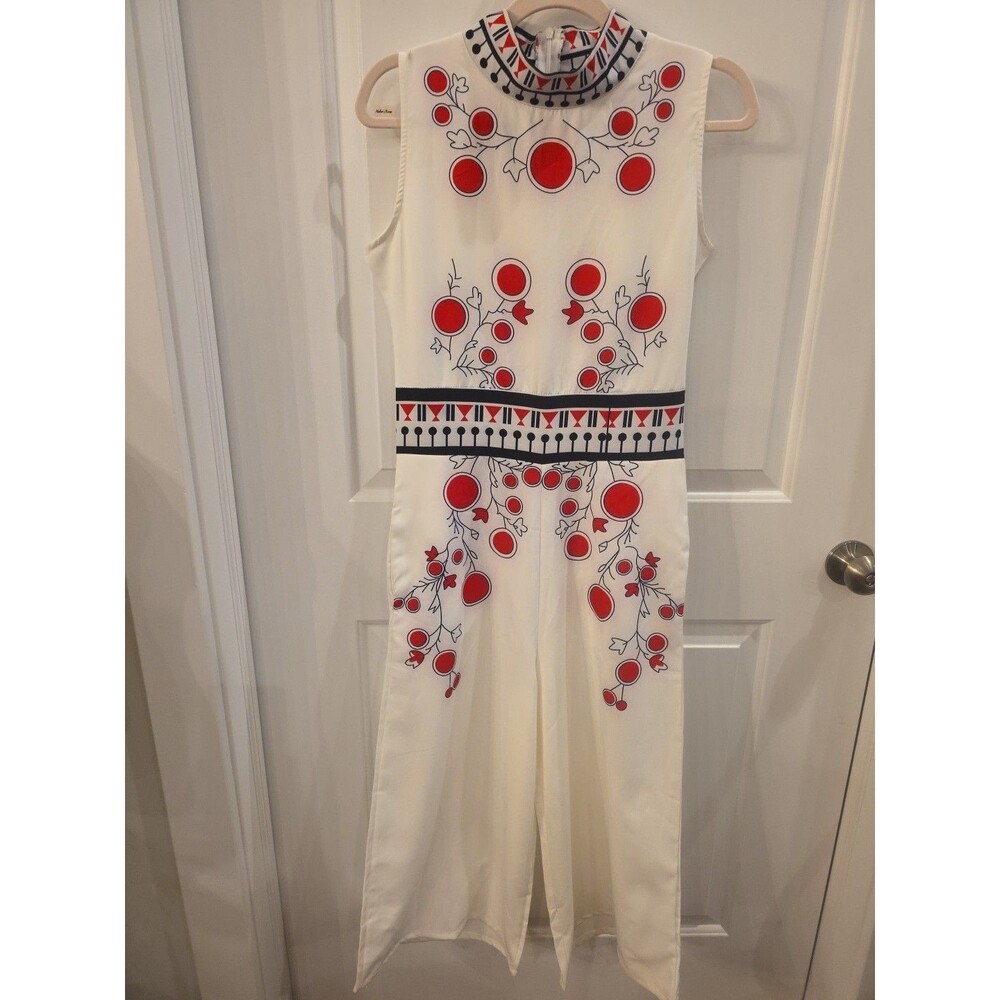 MISSLOOK S Cream Asian-Inspired Retro Mockneck‎ Sleeveless Wide Leg Jumpsuit